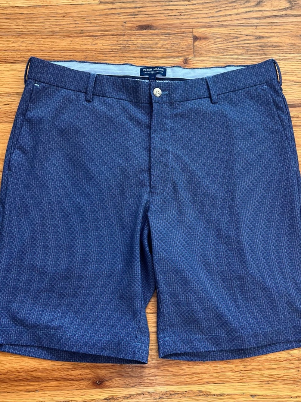 Peter Millar Men’s Crown Crafted Chino Flat Front Shorts Blue Geometric Pattern